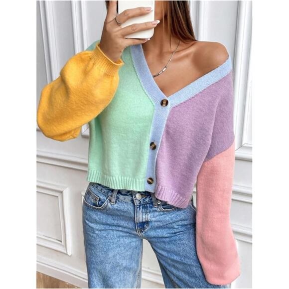 Women’s Colorful Cropped V-Neck Cardigan 70s Style Fall Knit Sweater Coat - Picture 5 of 7
